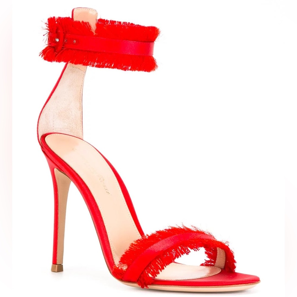 GIANVITO ROSSI Caribe 105 Red Satin Fringe Trim Accent Sandals Size 40.5 - Picture 5 of 16